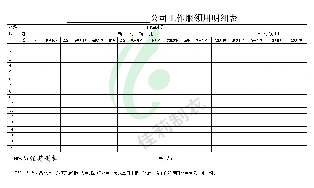 工作服領(lǐng)用明細表